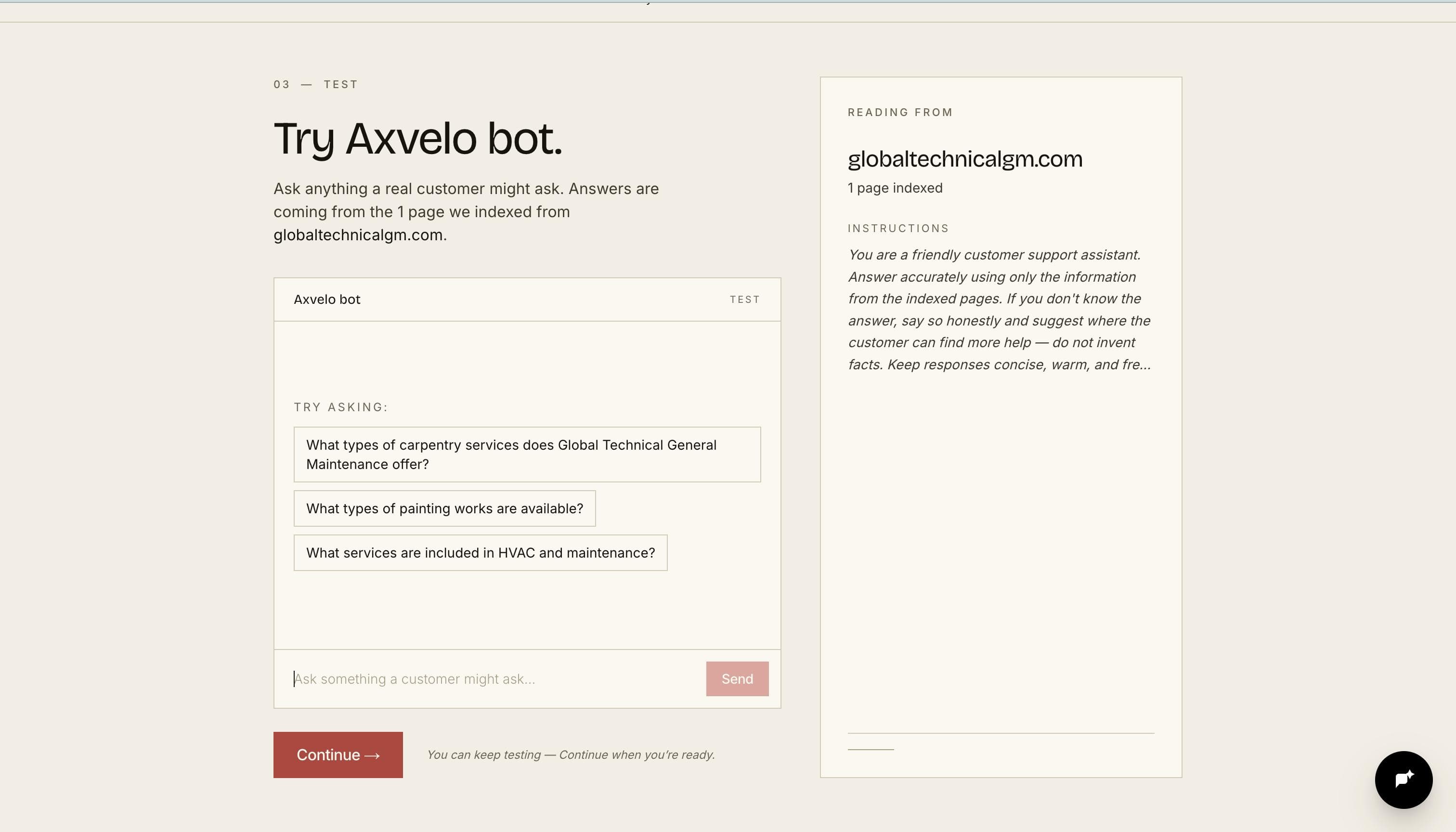 Onboarding wizard — live test chat with a grounded answer and citation