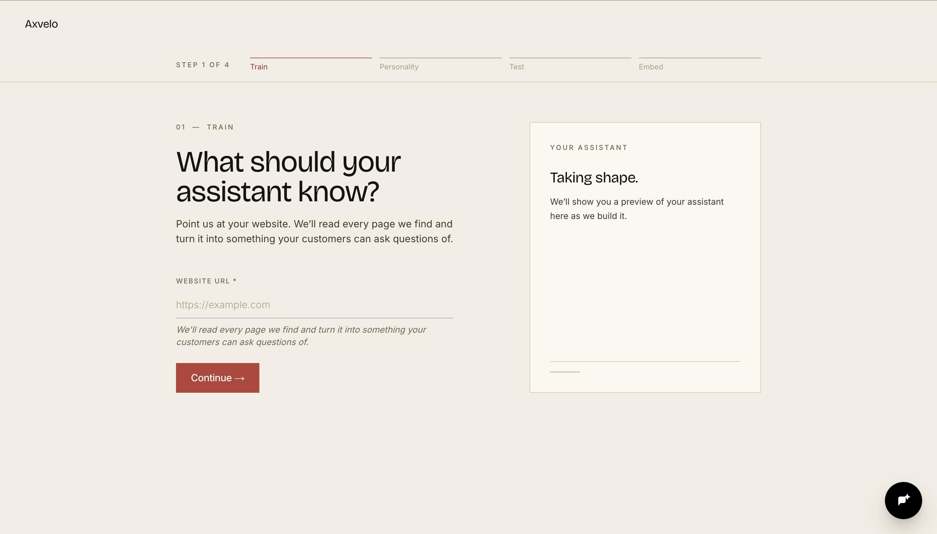 Onboarding wizard — website URL input with live crawl progress